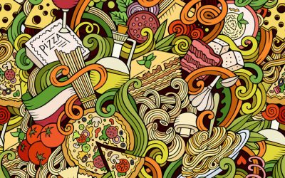 Cartoon hand-drawn doodles on the subject of Italian cuisine theme seamless pattern. Colorful detailed, with lots of objects vector background